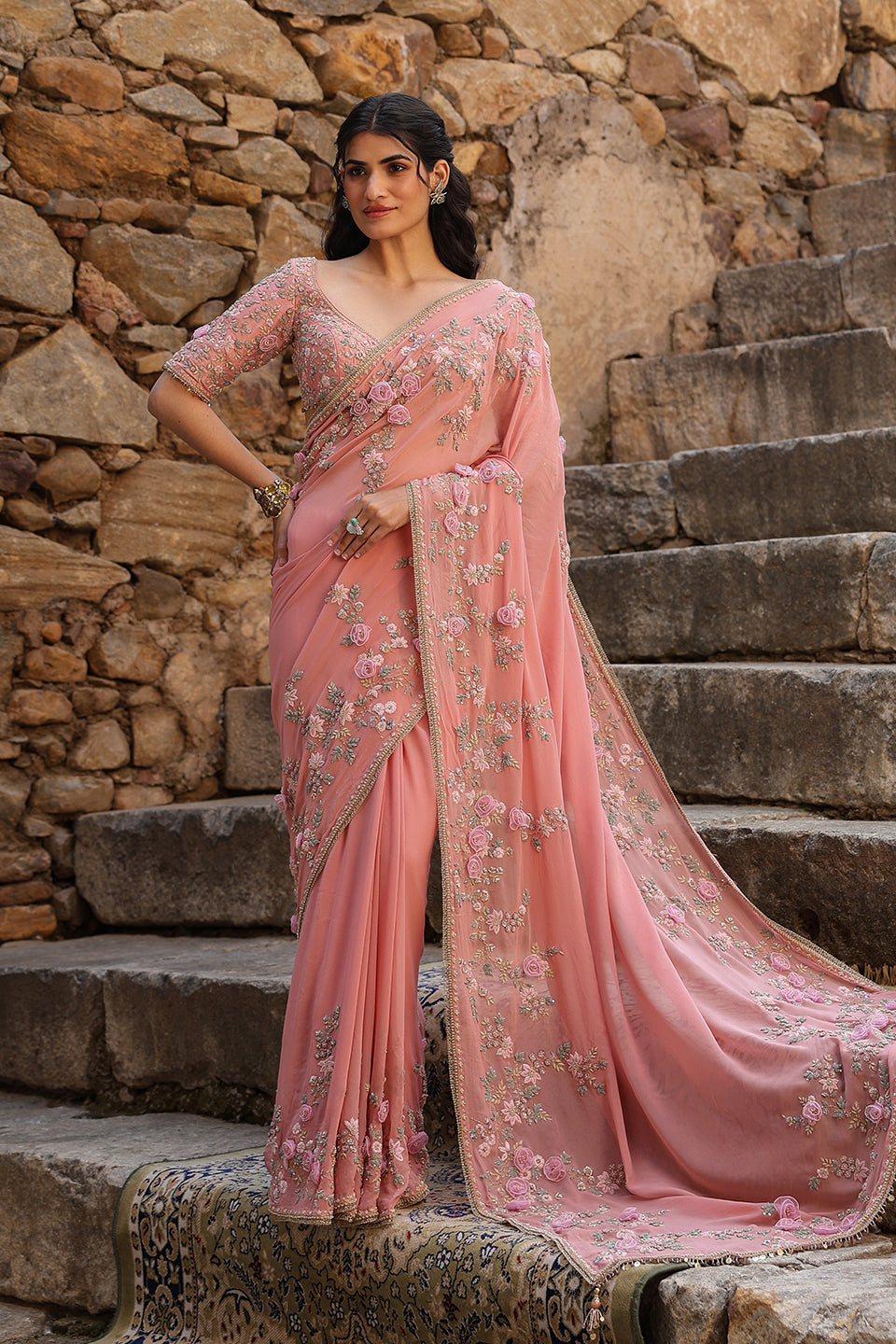 Vaayu Pink Jaal Saree Set