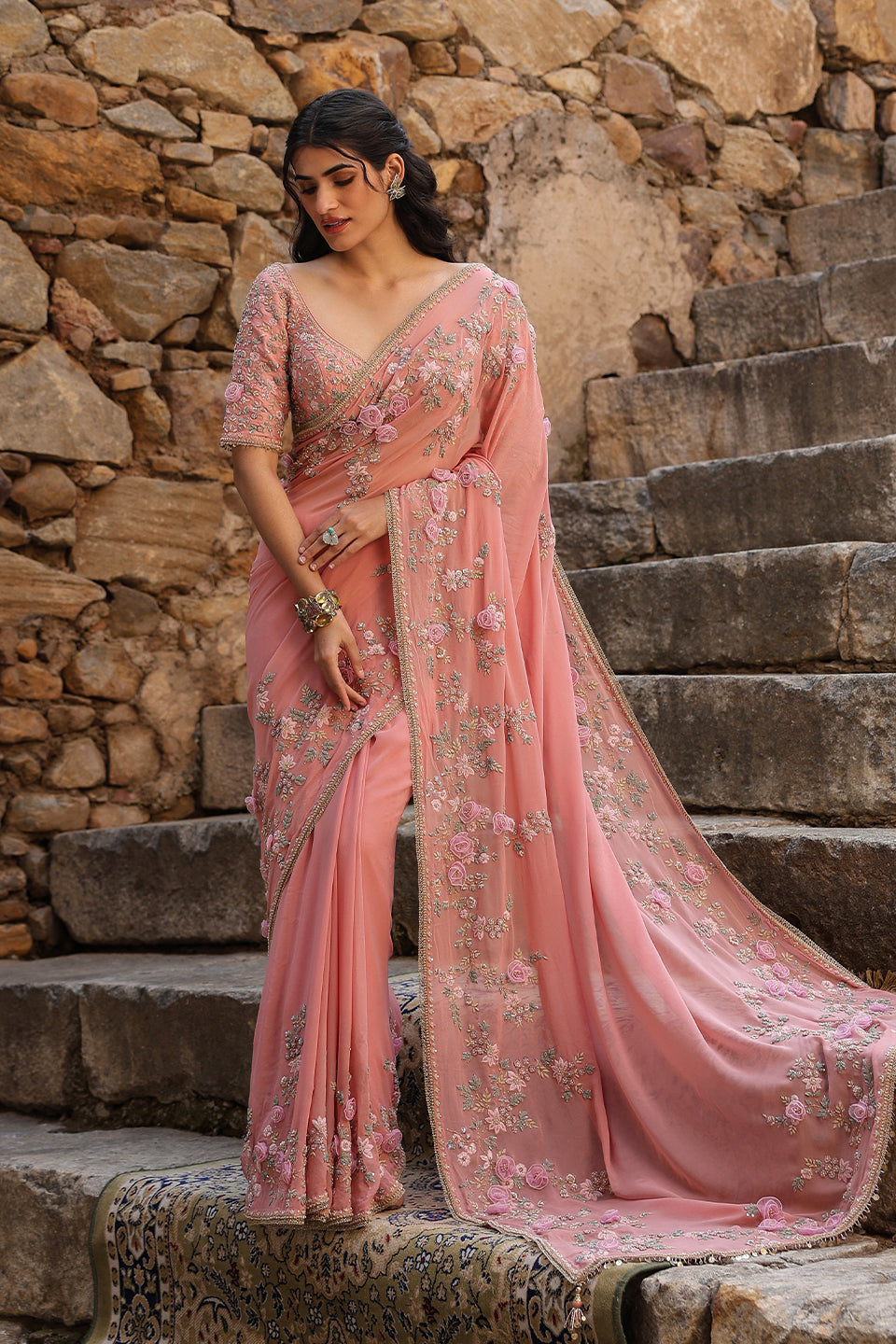 Vaayu Pink Jaal Saree Set