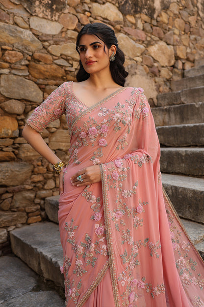 Vaayu Pink Jaal Saree Set