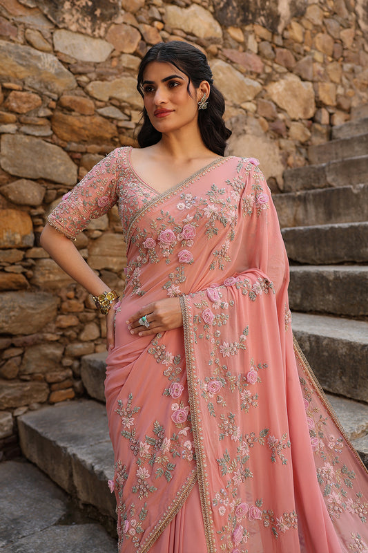 Vaayu Pink Jaal Saree Set