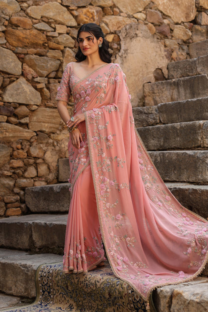 Vaayu Pink Jaal Saree Set