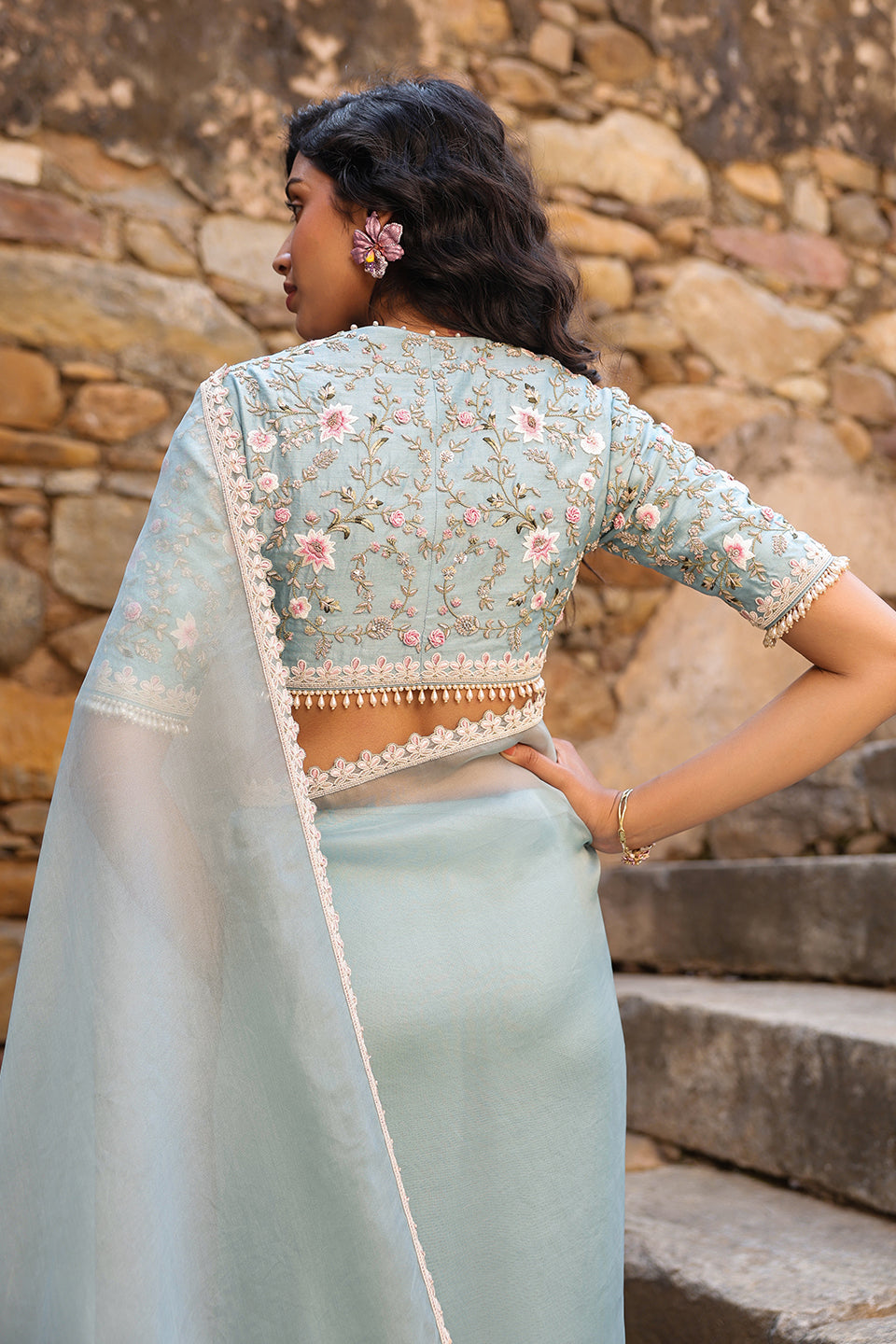 Vaayu Light Blue Phool Patti Saree Set