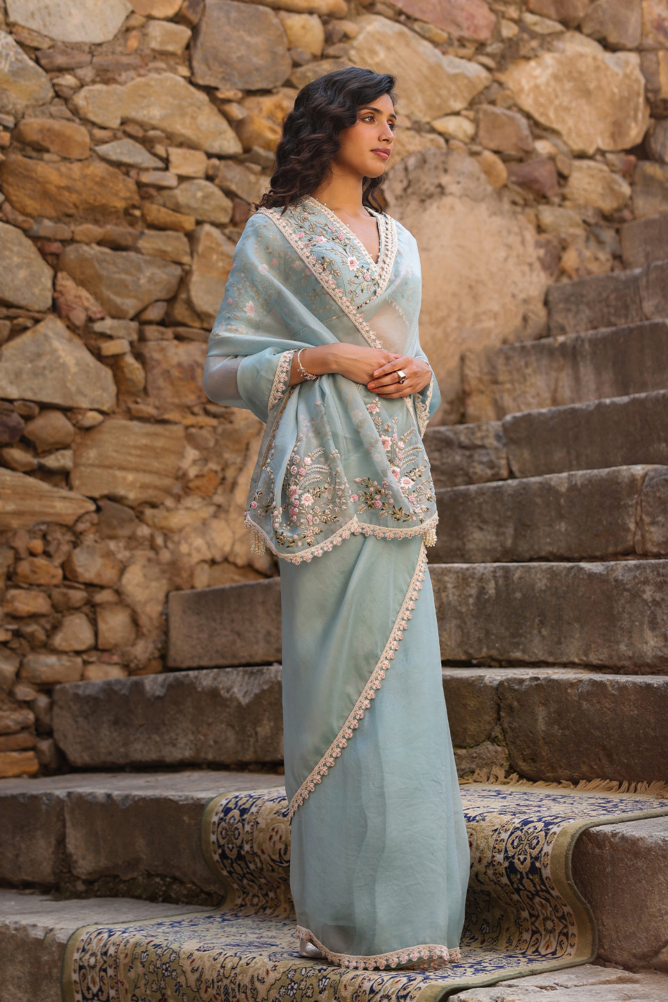 Vaayu Light Blue Phool Patti Saree Set
