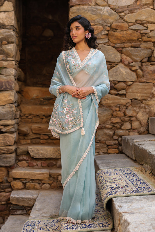 Vaayu Light Blue Phool Patti Saree Set