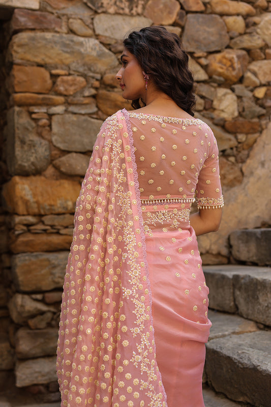 Vaayu Pink Heavy Butti Jaal Saree Set