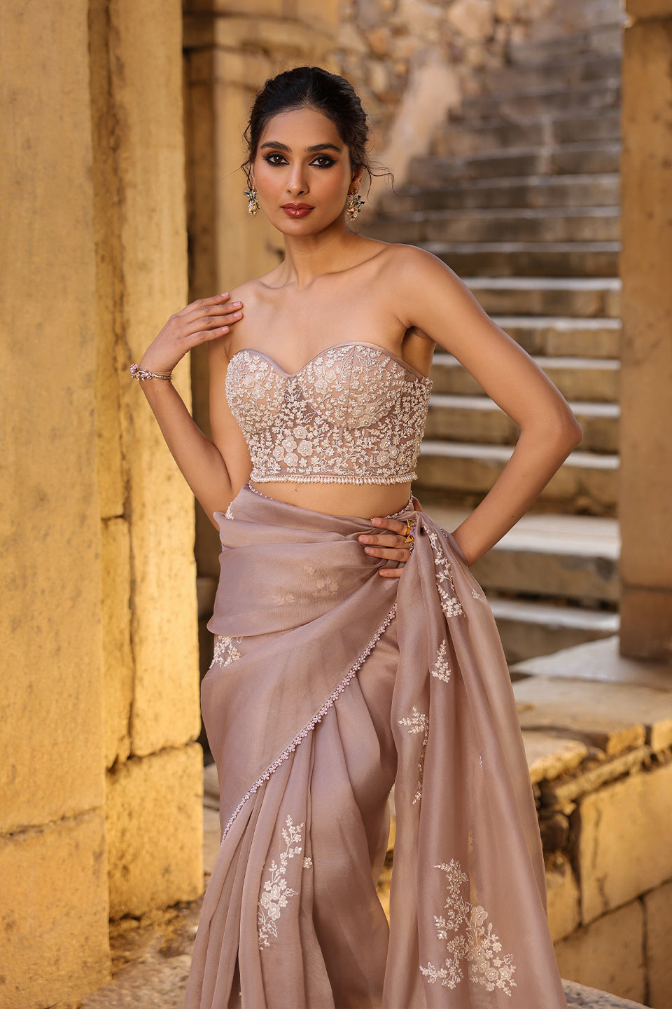 Vaayu Taupe Applique Corset Saree Set