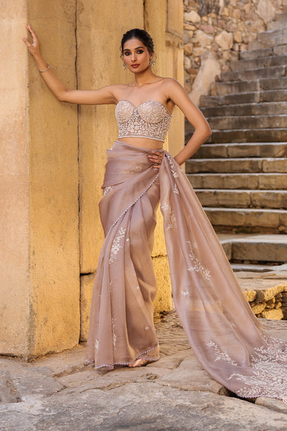 Vaayu Taupe Applique Corset Saree Set
