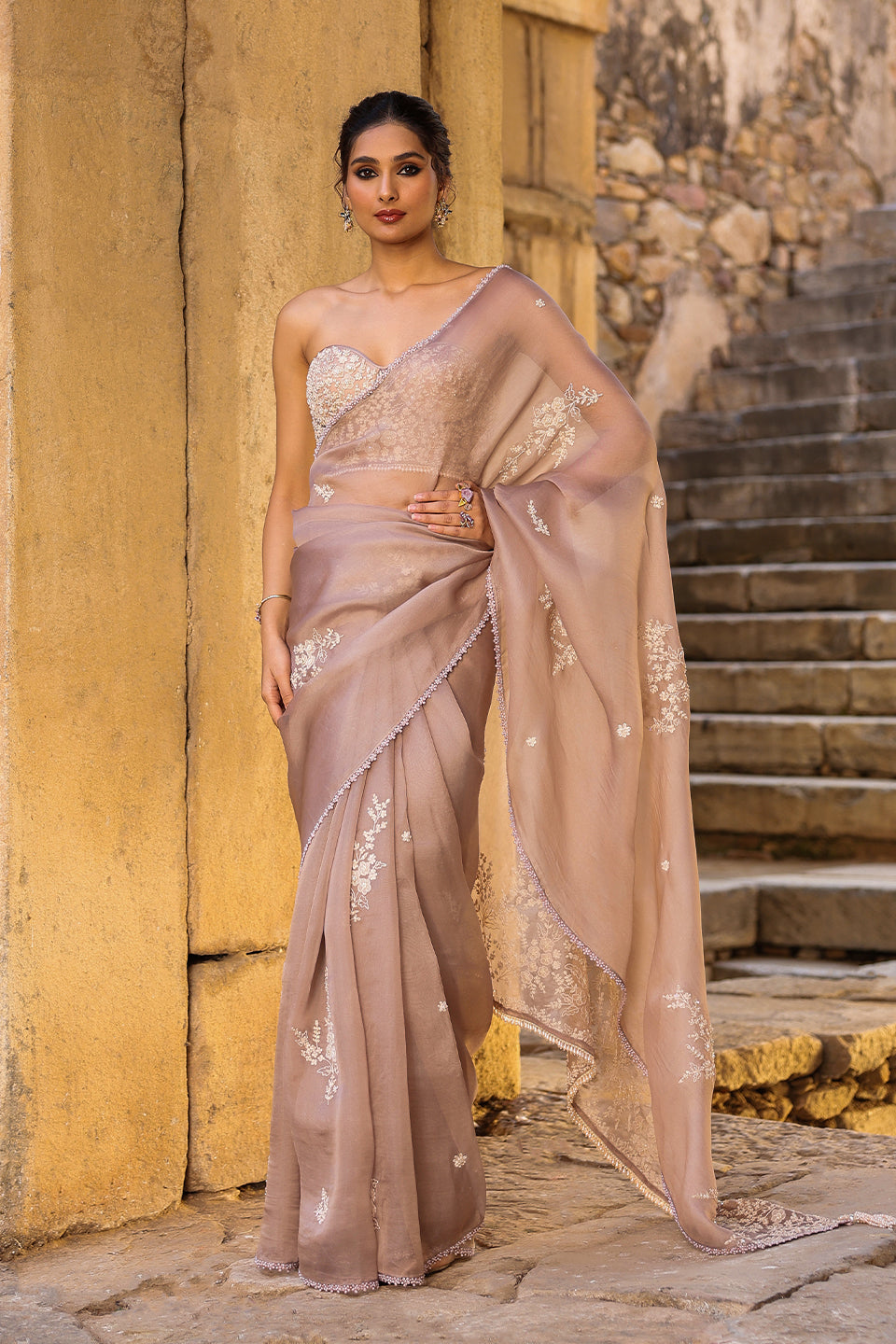 Vaayu Taupe Applique Corset Saree Set