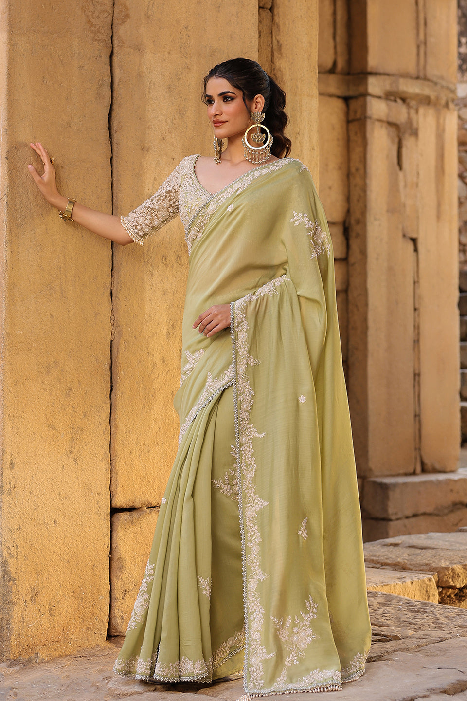 Vaayu Green Bail Buti Saree Set