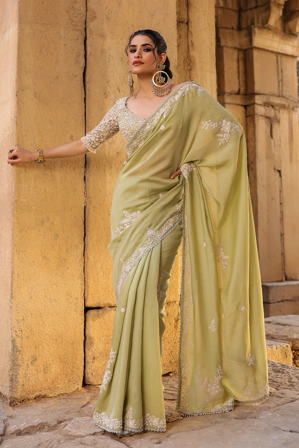 Vaayu Green Bail Buti Saree Set