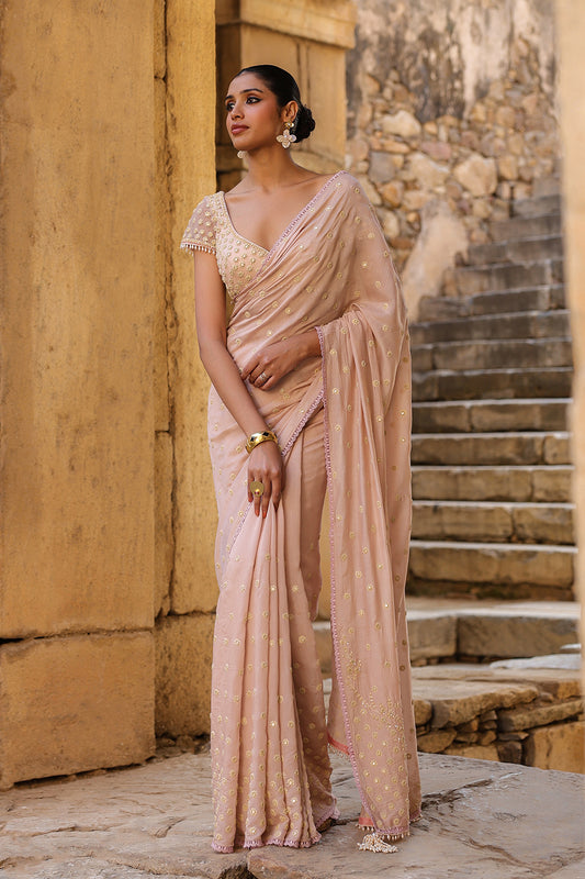 Vaayu Light Pink Heavy Buti Saree Set