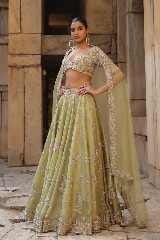 Vaayu Green Multicolor Phool Lehenga Set