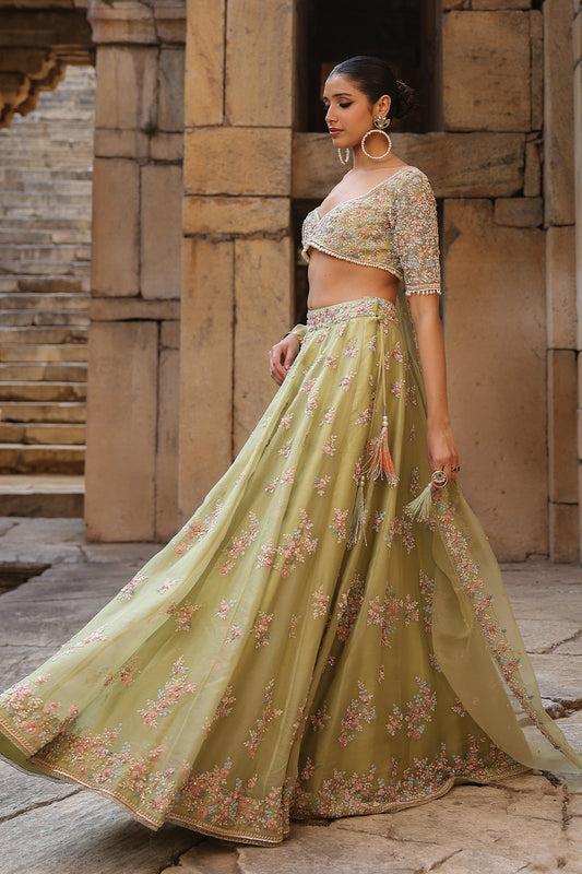 Vaayu Green Multicolor Phool Lehenga Set