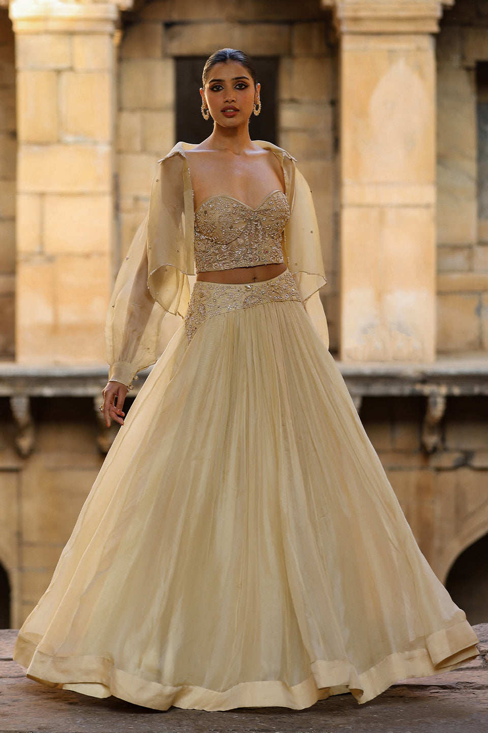 Vaayu Beige Jacket Lehenga Set