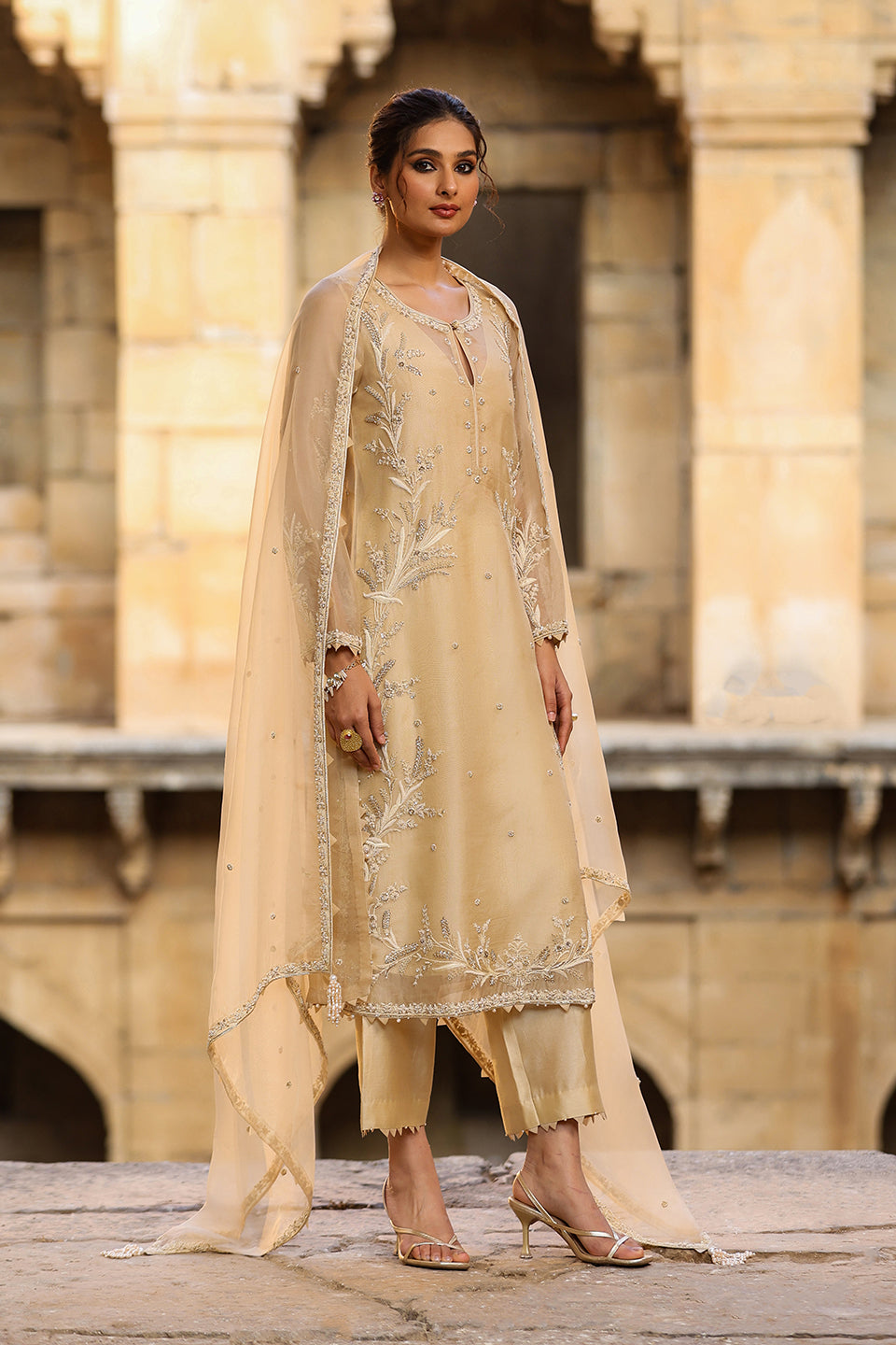 Vaayu Beige Phool Patti Kurta Set