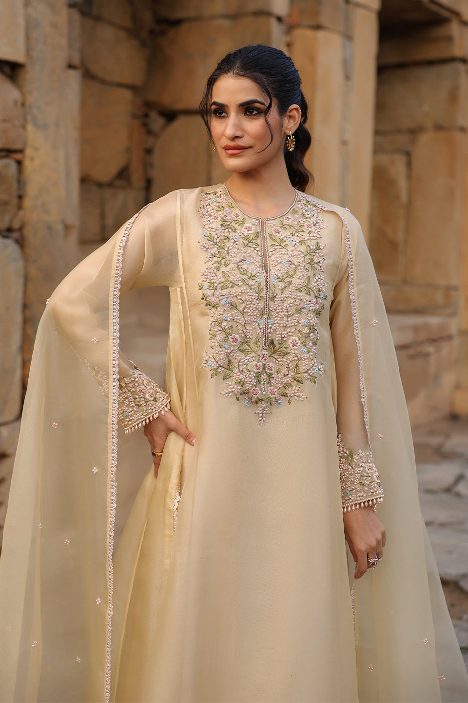 Vaayu Beige Pheran Kurta Set