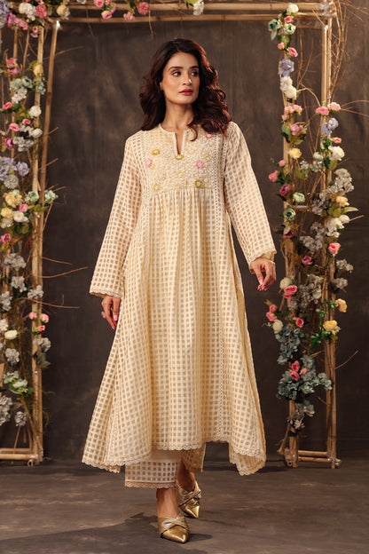 Vaayu Beige Panelled Kalidar Set