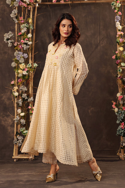 Vaayu Beige Panelled Kalidar Set