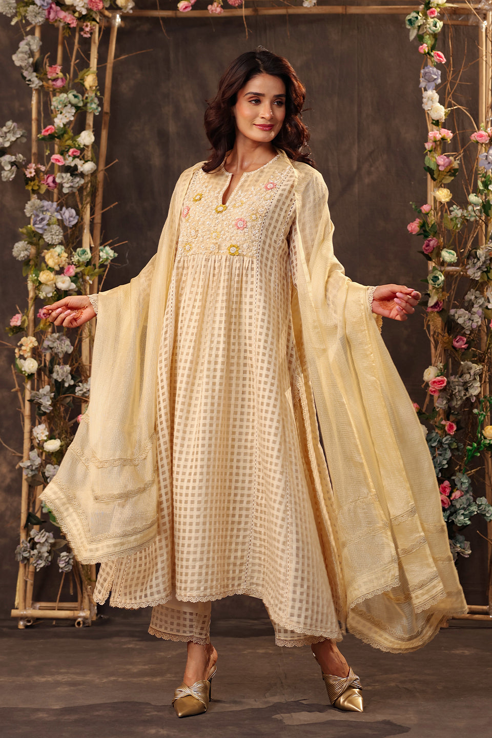 Vaayu Beige Panelled Kalidar Set