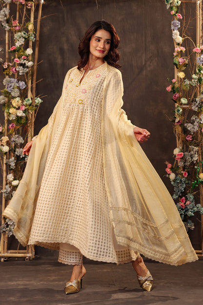 Vaayu Beige Panelled Kalidar Set