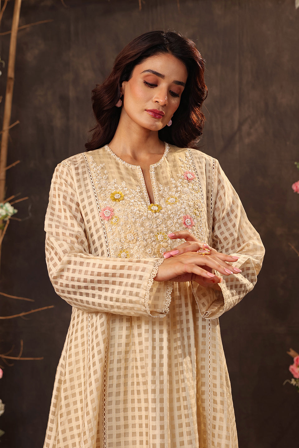 Vaayu Beige Panelled Kalidar Set