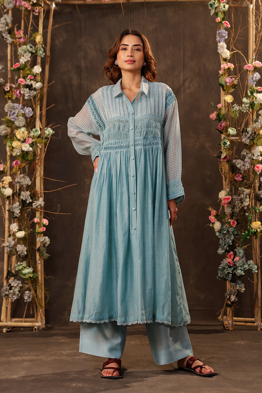 Vaayu Light Blue Pintuck Collar Kurta Set