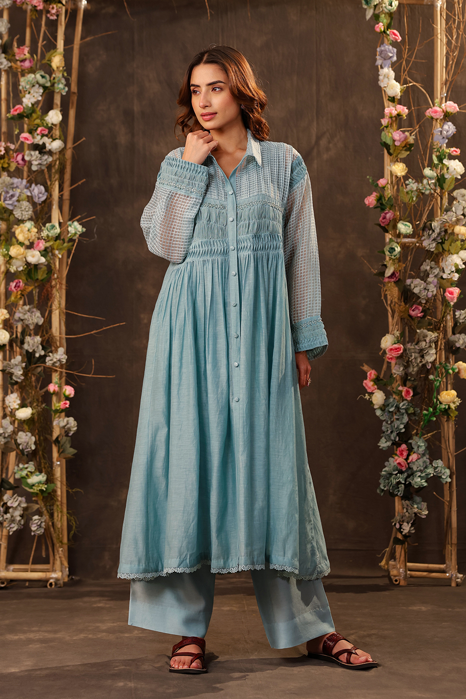 Vaayu Light Blue Pintuck Collar Kurta Set