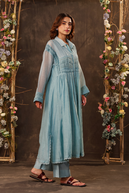 Vaayu Light Blue Pintuck Collar Kurta Set