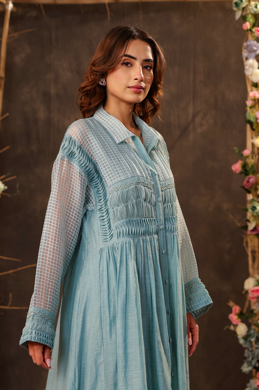 Vaayu Light Blue Pintuck Collar Kurta Set