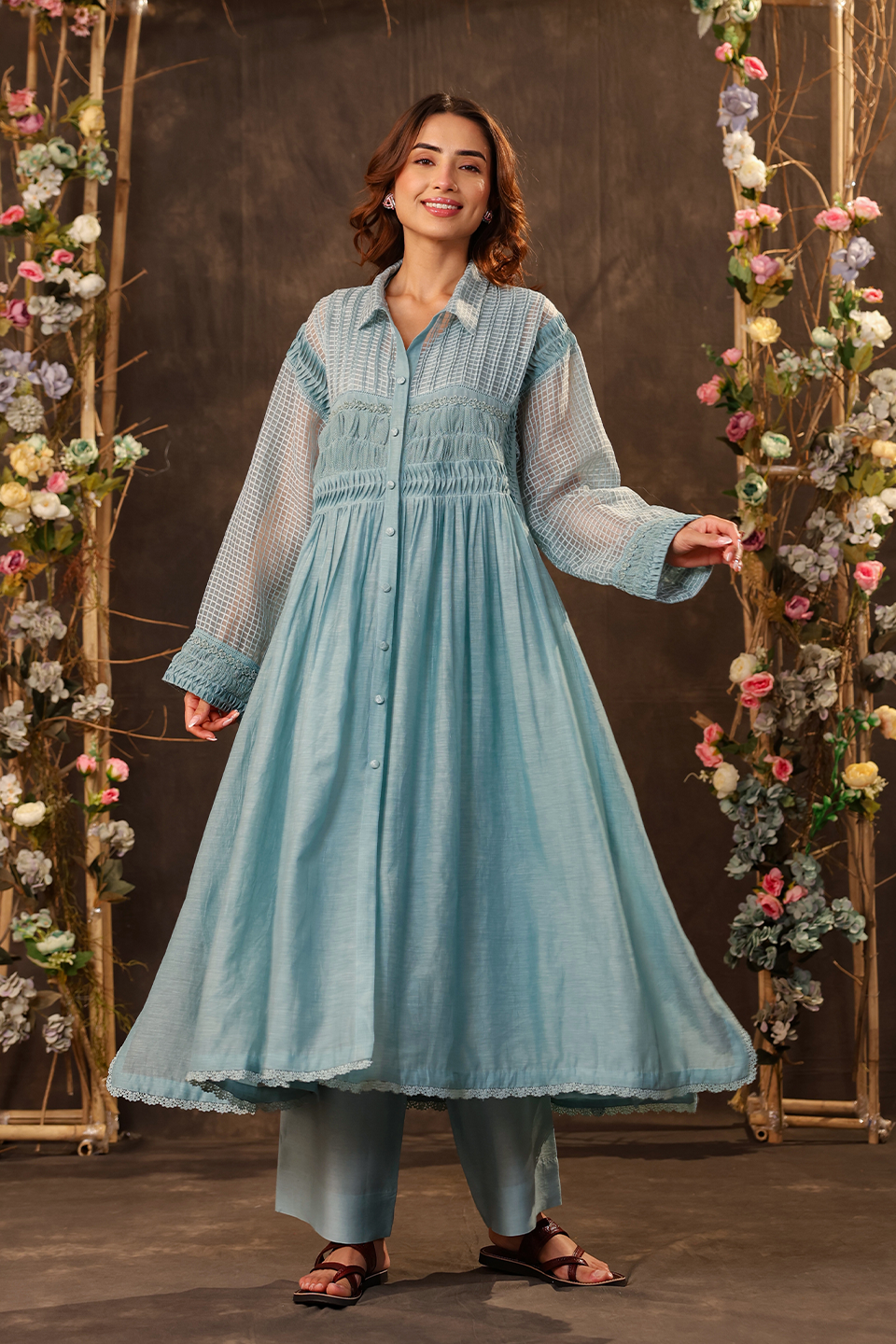 Vaayu Light Blue Pintuck Collar Kurta Set