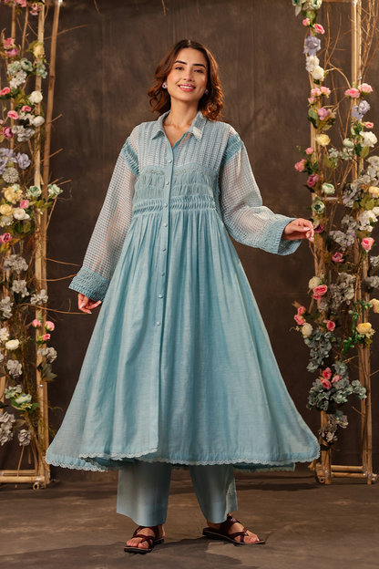Vaayu Light Blue Pintuck Collar Kurta Set