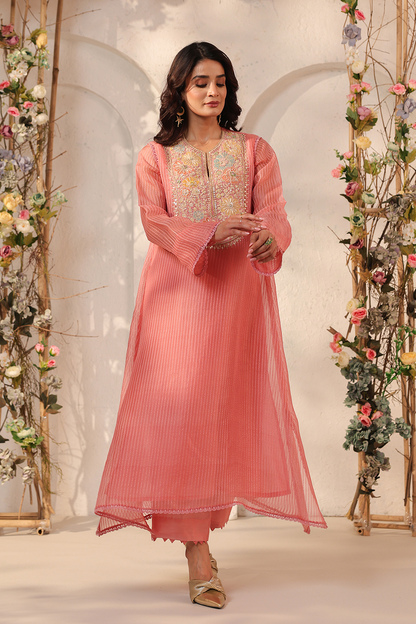Vaayu Pink Applique Yoke Kurta Set