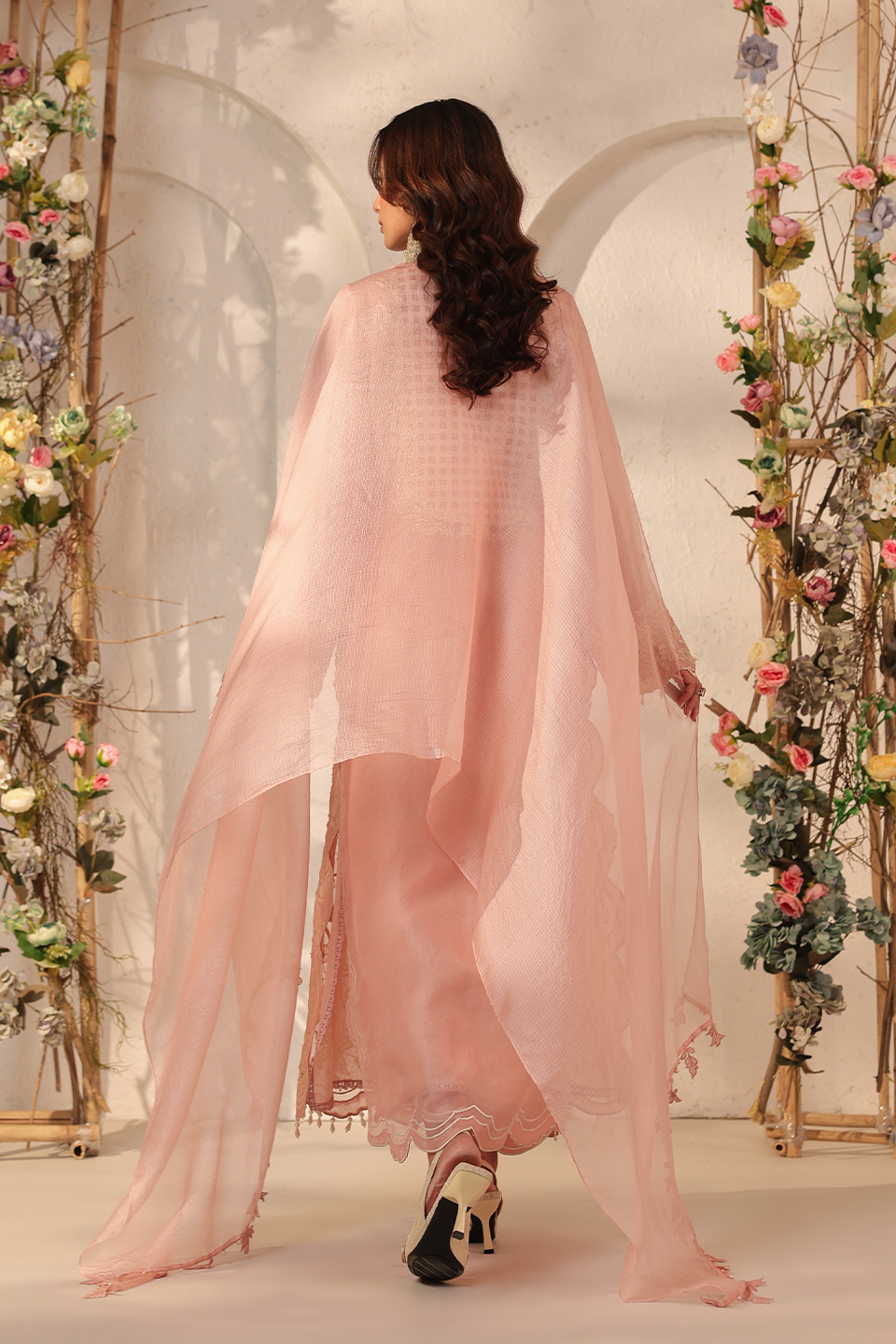 Vaayu Light Pink Heavy Jaal Scallop Kurta Set