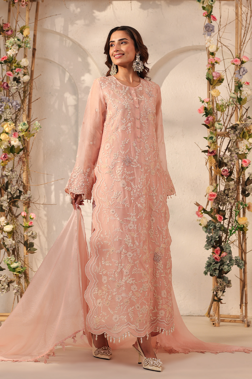 Vaayu Light Pink Heavy Jaal Scallop Kurta Set