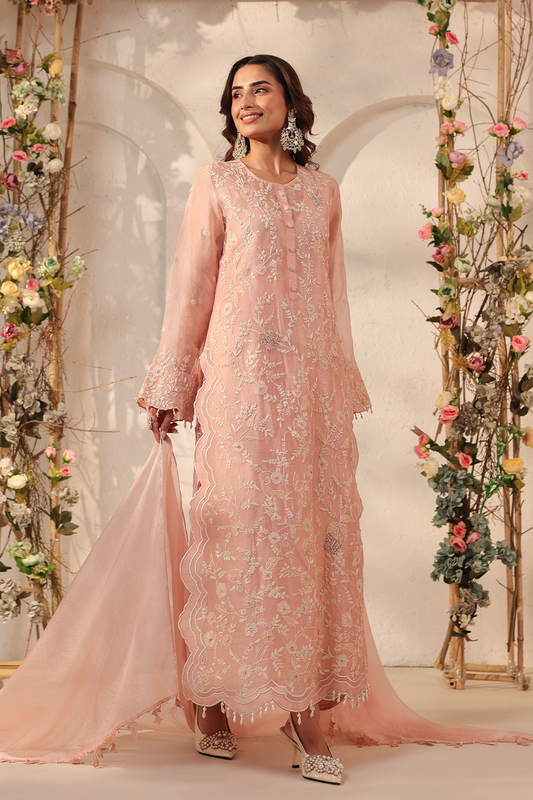 Vaayu Light Pink Heavy Jaal Scallop Kurta Set