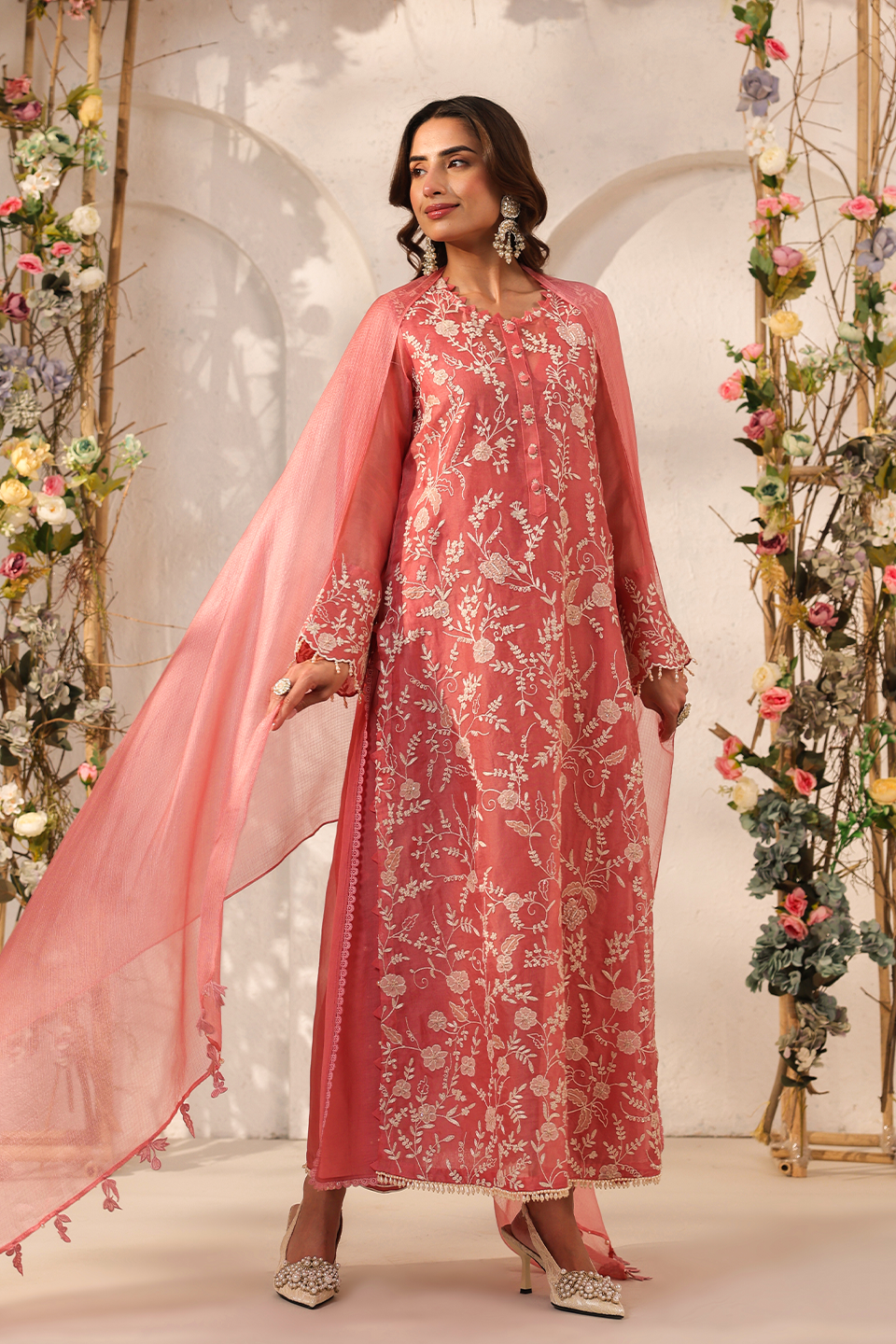 Vaayu Pink Heavy Jaal Kurta Set