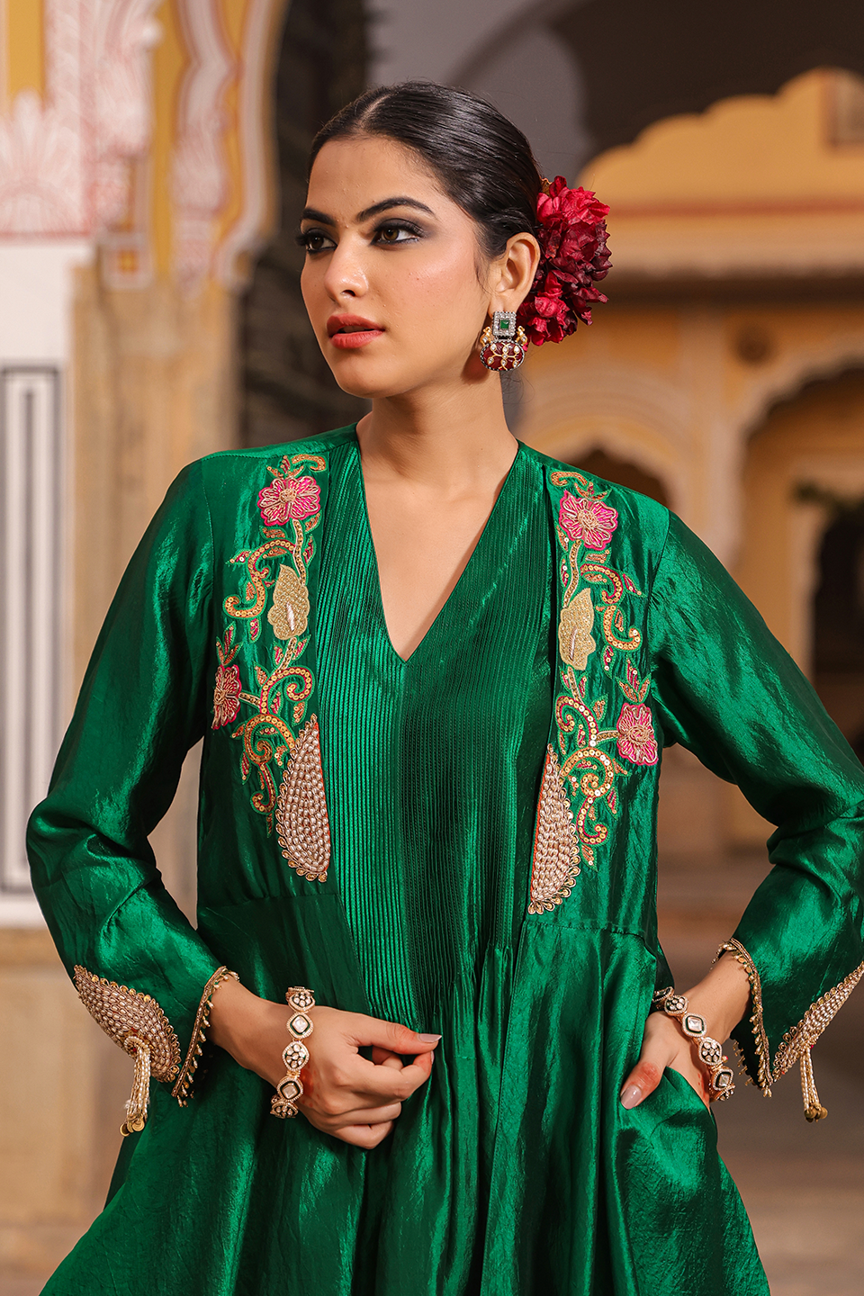 Cheent Embroidery Solid Jacket Kurta Set