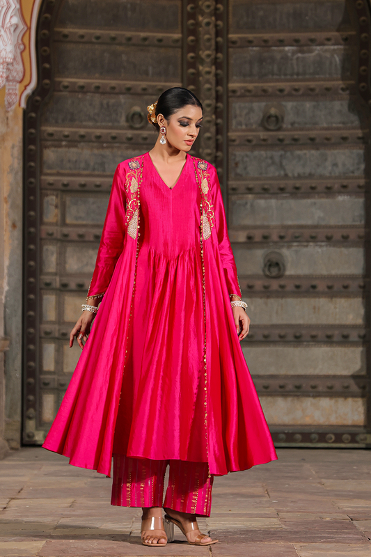 Cheent Embroidery Solid Jacket Kurta Set