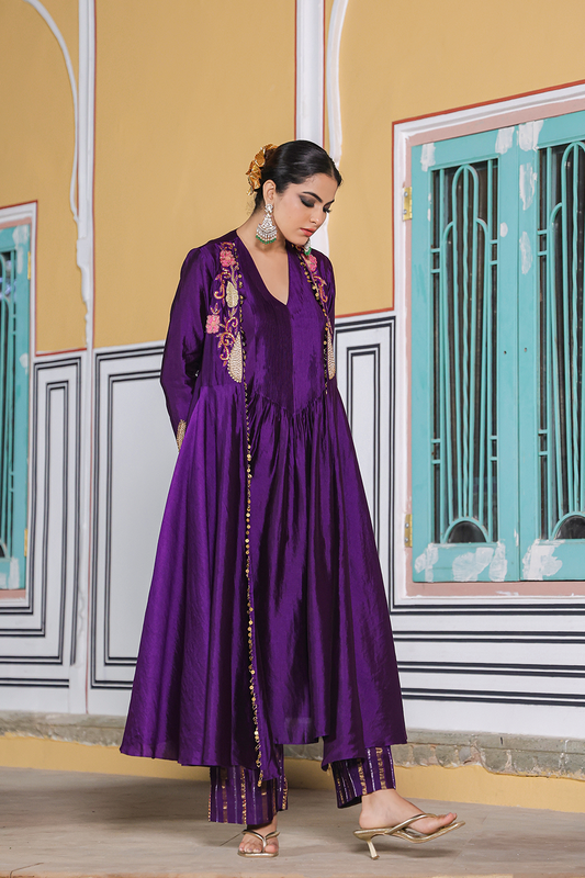 Cheent Embroidery Solid Jacket Kurta Set