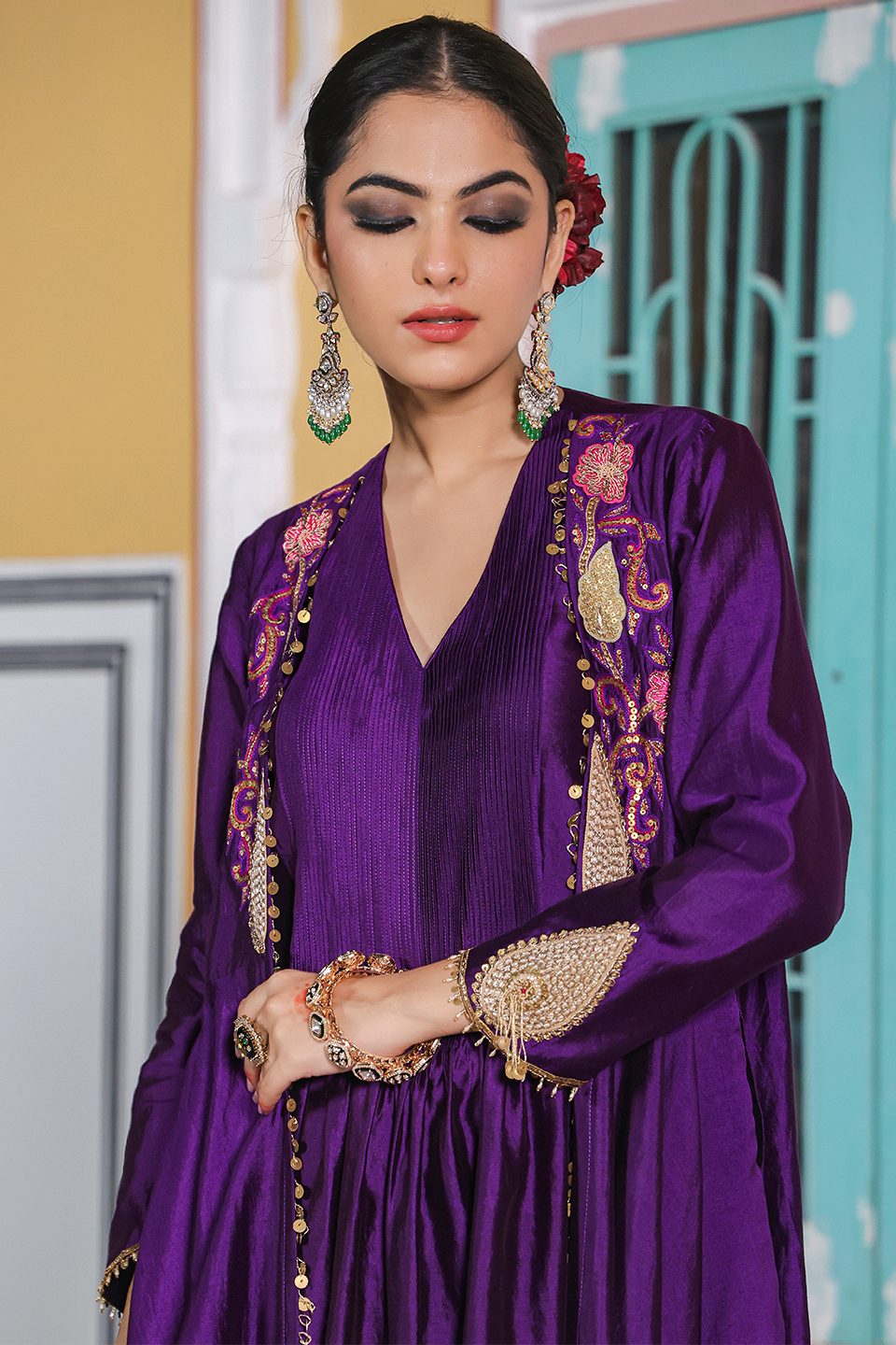 Cheent Embroidery Solid Jacket Kurta Set