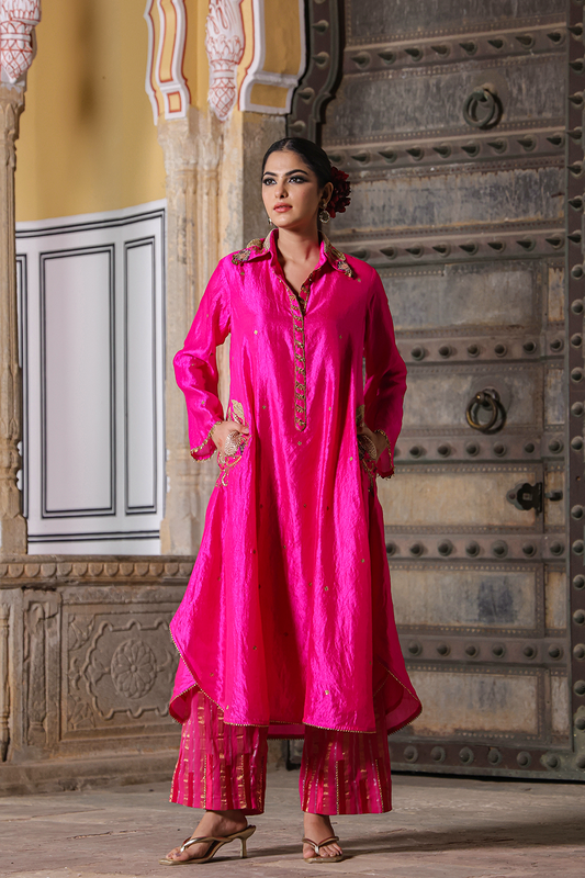 Cheent Embroidery Solid Collar Pocket Kurta Set