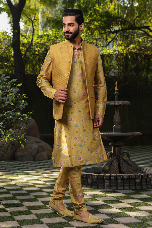 Yellow Mughal Quilted Bandi & Printed Kurta Set