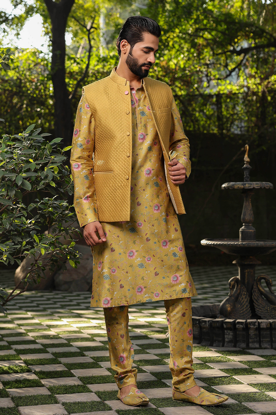 Yellow Mughal Quilted Bandi & Printed Kurta Set