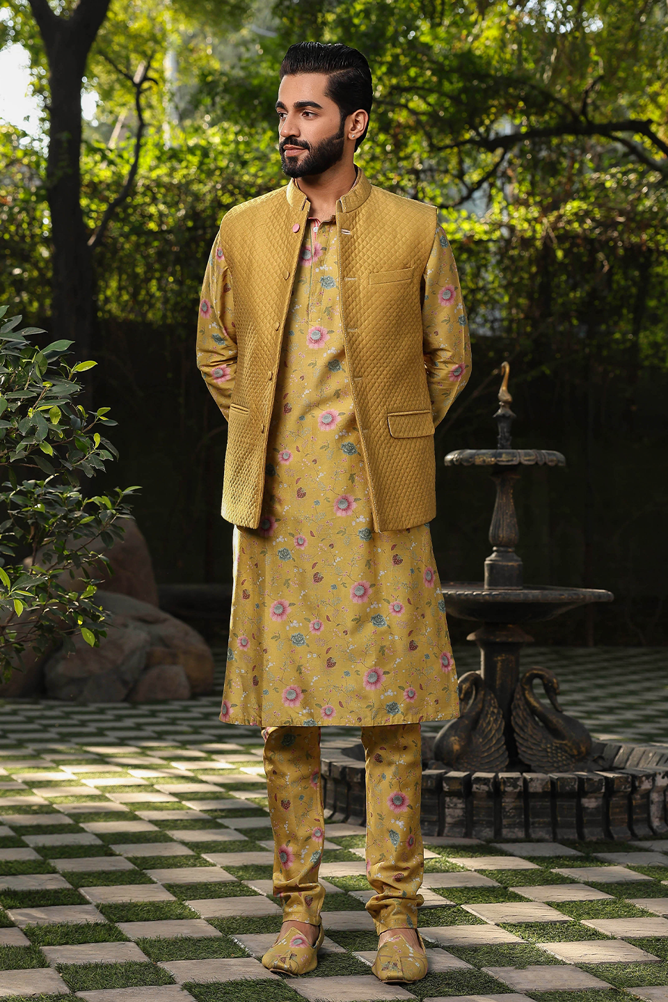 Yellow Mughal Quilted Bandi & Printed Kurta Set