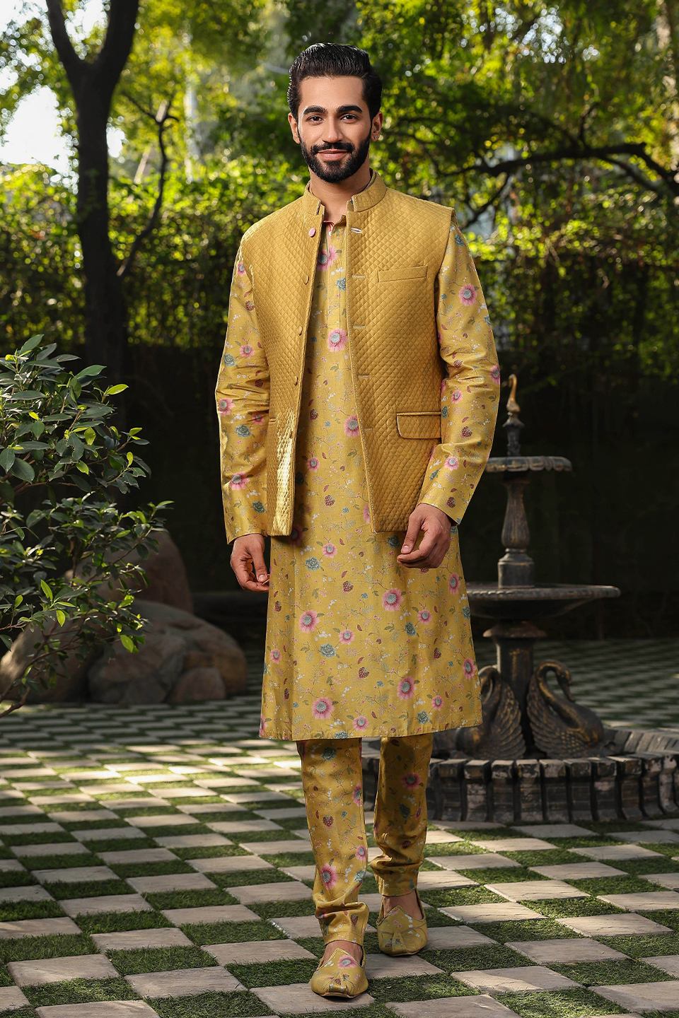 Yellow Mughal Quilted Bandi & Printed Kurta Set