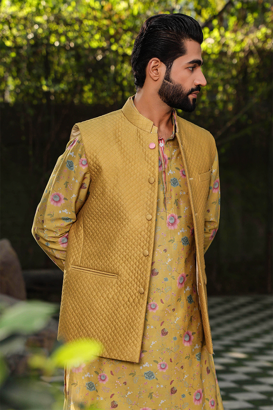 Yellow Mughal Quilted Bandi & Printed Kurta Set