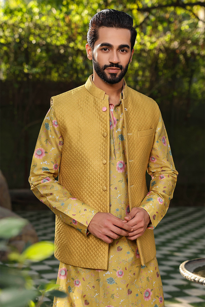 Yellow Mughal Quilted Bandi & Printed Kurta Set