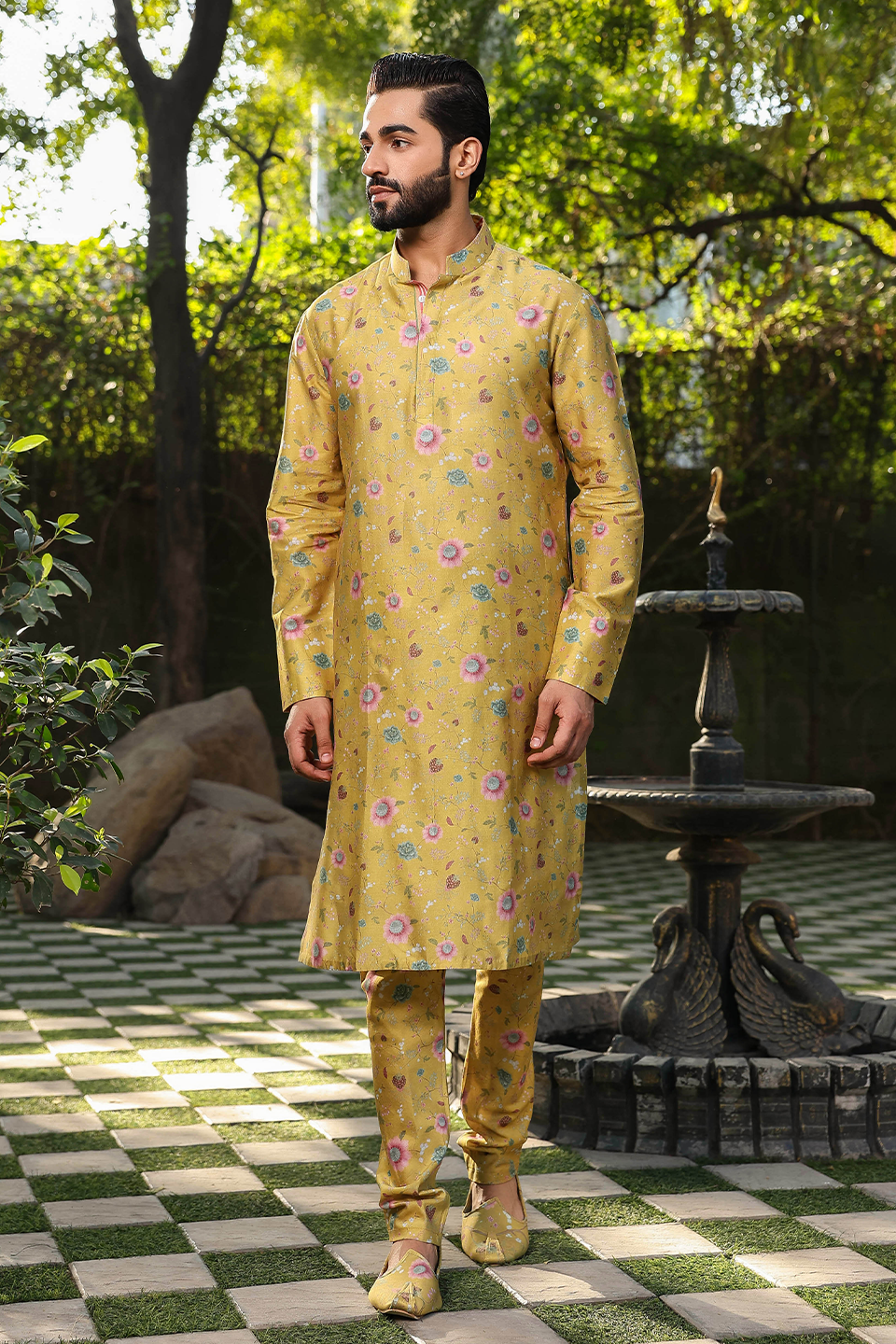 Yellow Mughal Quilted Bandi & Printed Kurta Set