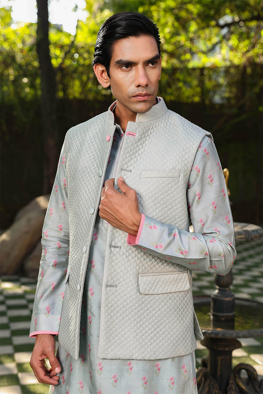 Blue Mughal Quilted Bandi & Embroidered Kurta Set