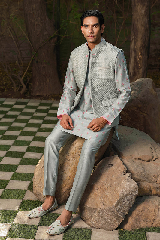 Blue Mughal Quilted Bandi & Embroidered Kurta Set
